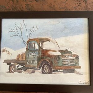 Vintage Truck Art Print with Brown Frame